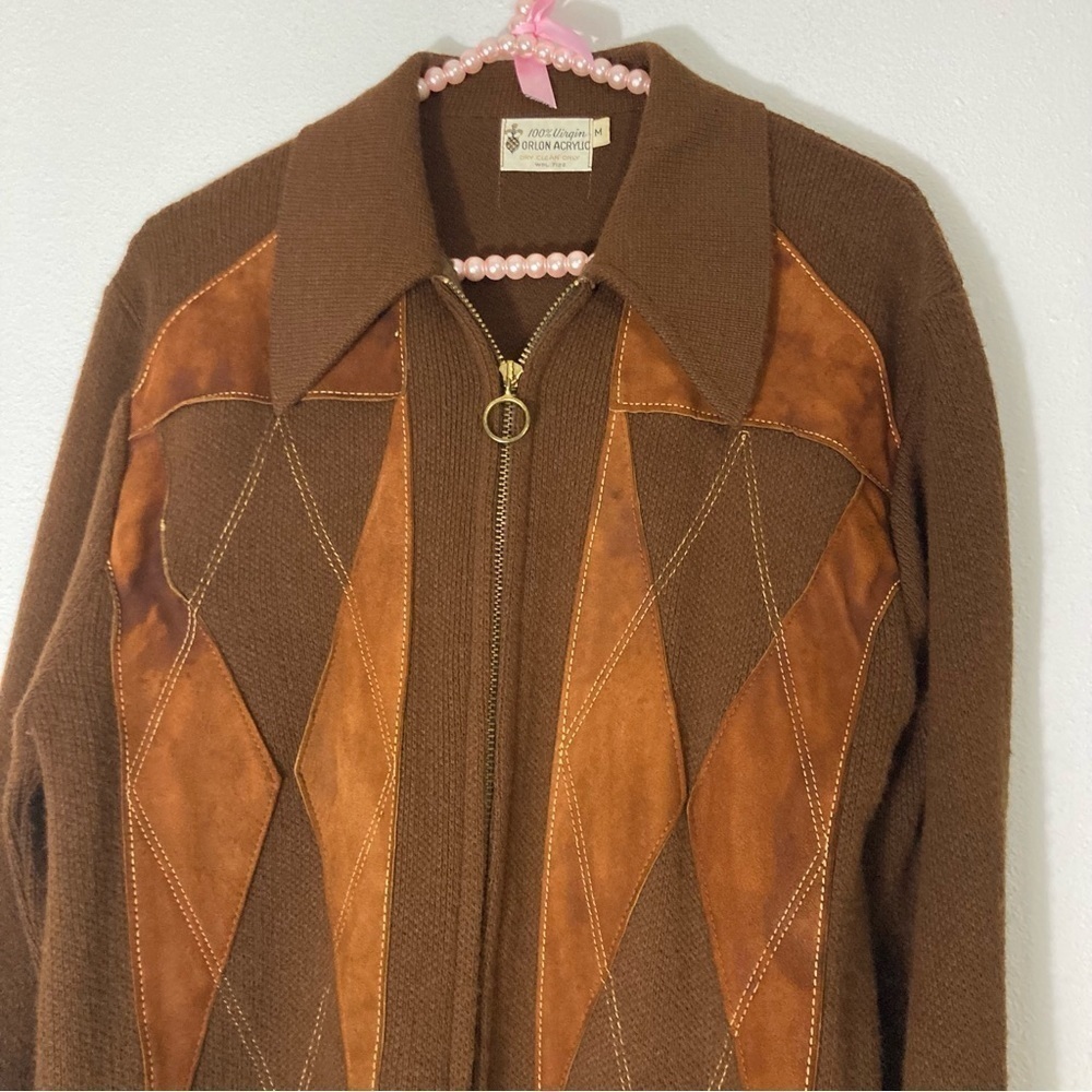 Vintage brown diamond virgin Orlon acrylic zip up cardigan size M - Picture 2 of 16